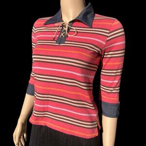 Burberry London 3/4 Sleeve Striped Nova Check Style Pink Shirt Size 160A S M